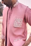 Shop_Kaaj Button x AZA_Pink Chanderi Silk Embroidery Thread Placement Bundi And Kurta Set _at_Aza_Fashions