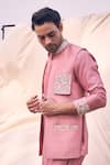 Kaaj Button x AZA_Pink Chanderi Silk Embroidery Thread Placement Bundi And Kurta Set _at_Aza_Fashions