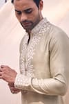 Kaaj Button x AZA_Green Chanderi Silk Embroidery Applique Placement Kurta Set _at_Aza_Fashions