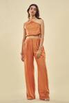 Shop_AFFROZ_Orange Viscose Linen One-shoulder Crop Top And Trouser Set_Online_at_Aza_Fashions