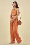 AFFROZ_Orange Viscose Linen One-shoulder Crop Top And Trouser Set_at_Aza_Fashions