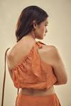 AFFROZ_Orange Viscose Linen One-shoulder Crop Top And Trouser Set_Online