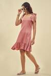 Buy_AFFROZ_Pink Cotton Satin Sqaure Frilled Hem Tie-up Strap Dress _at_Aza_Fashions