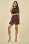 Buy_AFFROZ_Brown South Silk Embroidered Thread Halter Neck Crop Top And Skort Set _at_Aza_Fashions