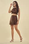 AFFROZ_Brown South Silk Embroidered Thread Halter Neck Crop Top And Skort Set _Online_at_Aza_Fashions