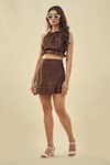 Shop_AFFROZ_Brown South Silk Embroidered Thread Halter Neck Crop Top And Skort Set _Online_at_Aza_Fashions