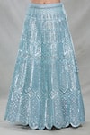 Samyukta Singhania_Blue Net Embroidered Sequin V-neck Geometric Grid Lehenga Set_Online_at_Aza_Fashions
