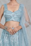 Samyukta Singhania_Blue Net Embroidered Sequin V-neck Geometric Grid Lehenga Set_at_Aza_Fashions