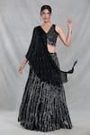 Shop_Samyukta Singhania_Black Blouse Chinnon Embellished Sequin V-neck Stripe Lehenga With Draped_Online_at_Aza_Fashions