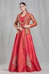 Buy_Samyukta Singhania_Orange Jacket Banarasi Silk Embroidered Geometric Woven Layered Lehenga Set_at_Aza_Fashions