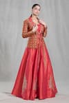 Samyukta Singhania_Orange Jacket Banarasi Silk Embroidered Geometric Woven Layered Lehenga Set_Online_at_Aza_Fashions