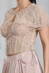 Shop_Samyukta Singhania_Gold Corset And Cape Net Embellished Bead Cape Sequin Sheer Poncho Skirt Set