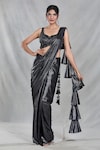 Buy_Samyukta Singhania_Black Imported Embroidery Shimmery Ruffle Pallu Pre-draped Saree With Blouse_at_Aza_Fashions