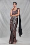 Buy_Samyukta Singhania_Brown Imported Embroidery Beads Shimmery Stripe Pre-draped Saree With Blouse_at_Aza_Fashions