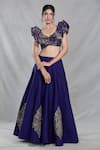 Samyukta Singhania_Blue Banarasi Silk Embroidery Sequin Leaf Neck Ambrosia Lehenga Set_Online_at_Aza_Fashions