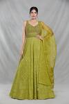 Buy_Samyukta Singhania_Green Georgette Embroidery Sequin Leaf Neck Mughal Bloom Gown With Dupatta _at_Aza_Fashions