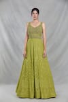 Shop_Samyukta Singhania_Green Georgette Embroidery Sequin Leaf Neck Mughal Bloom Gown With Dupatta _Online_at_Aza_Fashions