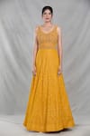 Samyukta Singhania_Yellow Georgette Embroidery Sequin Leaf Neck Mughal Darbar Gown With Dupatta _Online_at_Aza_Fashions