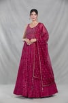 Buy_Samyukta Singhania_Pink Georgette Embroidery Sequin Leaf Neck Persian Bloom Gown With Dupatta _at_Aza_Fashions