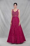 Samyukta Singhania_Pink Georgette Embroidery Sequin Leaf Neck Persian Bloom Gown With Dupatta _Online_at_Aza_Fashions