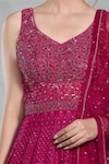 Shop_Samyukta Singhania_Pink Georgette Embroidery Sequin Leaf Neck Persian Bloom Gown With Dupatta 