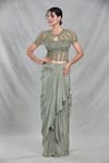 Buy_Samyukta Singhania_Green Net Embroidery Sequin Round Neck Ivy Vine Cape Draped Skirt Set_at_Aza_Fashions