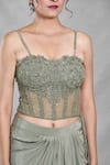 Buy_Samyukta Singhania_Green Net Embroidery Sequin Round Neck Ivy Vine Cape Draped Skirt Set_Online_at_Aza_Fashions