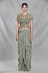 Shop_Samyukta Singhania_Green Net Embroidery Sequin Round Neck Ivy Vine Cape Draped Skirt Set_Online_at_Aza_Fashions