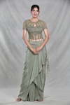 Samyukta Singhania_Green Net Embroidery Sequin Round Neck Ivy Vine Cape Draped Skirt Set_at_Aza_Fashions