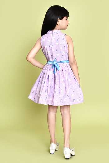 Shop_Petite Pomme_Purple Cotton Ruffles Dove Print Dress _at_Aza_Fashions