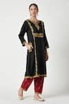 Payal Pratap_Black Kurta Matka Silk Embroidered Thread Notched Round Ishtar Set  _Online_at_Aza_Fashions