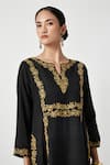 Shop_Payal Pratap_Black Kurta Matka Silk Embroidered Thread Notched Round Ishtar Set  