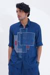 Jajaabor_Blue Linen Printed Geometric Shirt With Pant_Online_at_Aza_Fashions
