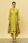 SHRADDHA RAMBHIA_Yellow Slub Silk Printed Floral Keyhole Kalamkari Kurta Pant Set _Online_at_Aza_Fashions