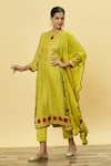 Buy_SHRADDHA RAMBHIA_Yellow Slub Silk Printed Floral Keyhole Kalamkari Kurta Pant Set _Online_at_Aza_Fashions