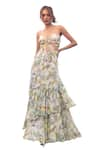 The Long iLand_Green Georgette Printed Fruit Halter Neck Tiered Cut-out Gown  _Online_at_Aza_Fashions