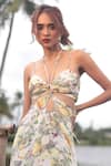 Buy_The Long iLand_Green Georgette Printed Fruit Halter Neck Tiered Cut-out Gown  _Online_at_Aza_Fashions