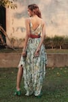 Shop_The Long iLand_Green Georgette Printed Lime V-neck Asymmetric Gown  _at_Aza_Fashions