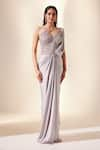 Buy_Adaara Couture_Purple Net Embroidered Sequin V Neck Pre-draped Saree Gown _at_Aza_Fashions