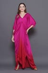 Buy_Angry Owl_Pink Modal Satin Patchwork Sequin V Neck Owl Ombre Kaftan _at_Aza_Fashions