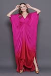 Angry Owl_Pink Modal Satin Patchwork Sequin V Neck Owl Ombre Kaftan _Online_at_Aza_Fashions