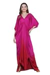 Angry Owl_Pink Modal Satin Patchwork Sequin V Neck Owl Ombre Kaftan _at_Aza_Fashions