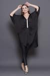 Angry Owl_Black Modal Satin Embroidery Pearl V Neck Placket Tunic _Online_at_Aza_Fashions