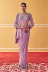 Jigar Mali_Purple Satin Georgette Embroidery Sequin V Neck Scattered Saree With Blouse _Online_at_Aza_Fashions