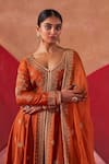 Jigar Mali_Orange Chanderi Embroidery Zardozi V Neck Jacket Anarkali Pant Set _at_Aza_Fashions