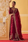 Buy_Jigar Mali_Wine Chanderi Embroidery Dori V Neck Jacket Anarkali Skirt Set _at_Aza_Fashions