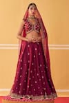 Buy_Jigar Mali_Wine Organza, Chanderi Embroidery, Beads, Sequins V-neck Dori Lehenga Set _at_Aza_Fashions