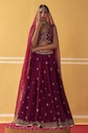 Shop_Jigar Mali_Wine Organza, Chanderi Embroidery, Beads, Sequins V-neck Dori Lehenga Set _Online_at_Aza_Fashions