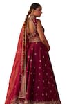 Jigar Mali_Wine Organza, Chanderi Embroidery, Beads, Sequins V-neck Dori Lehenga Set _Online