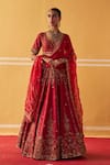 Shop_Jigar Mali_Maroon Chanderi Sequins, Zari, Embroidery Sweetheart Neck Bridal Lehenga Set _Online_at_Aza_Fashions